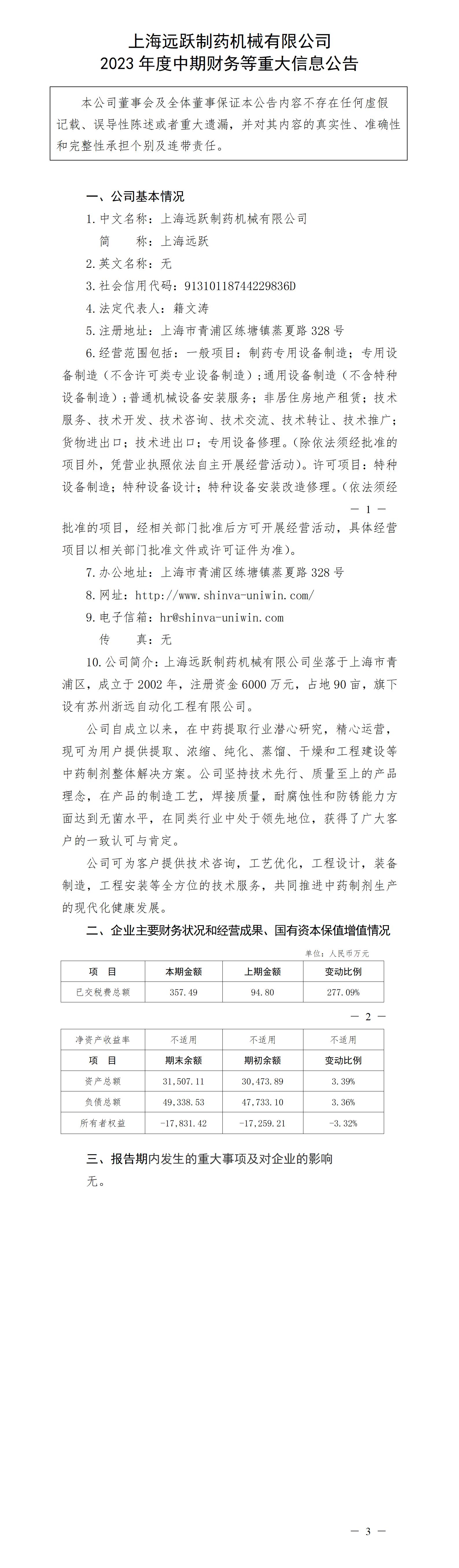上海远跃制药机械有限公司2023年度中期财务等重大信息公告_01.jpg